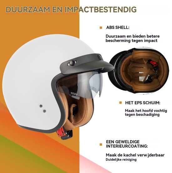 Witte jethelm met vizier. Binnenkant met EPS-schuim en gewatteerde interieurcoating. Tekst: 'DUURZAAM EN IMPACTBESTENDIG'.