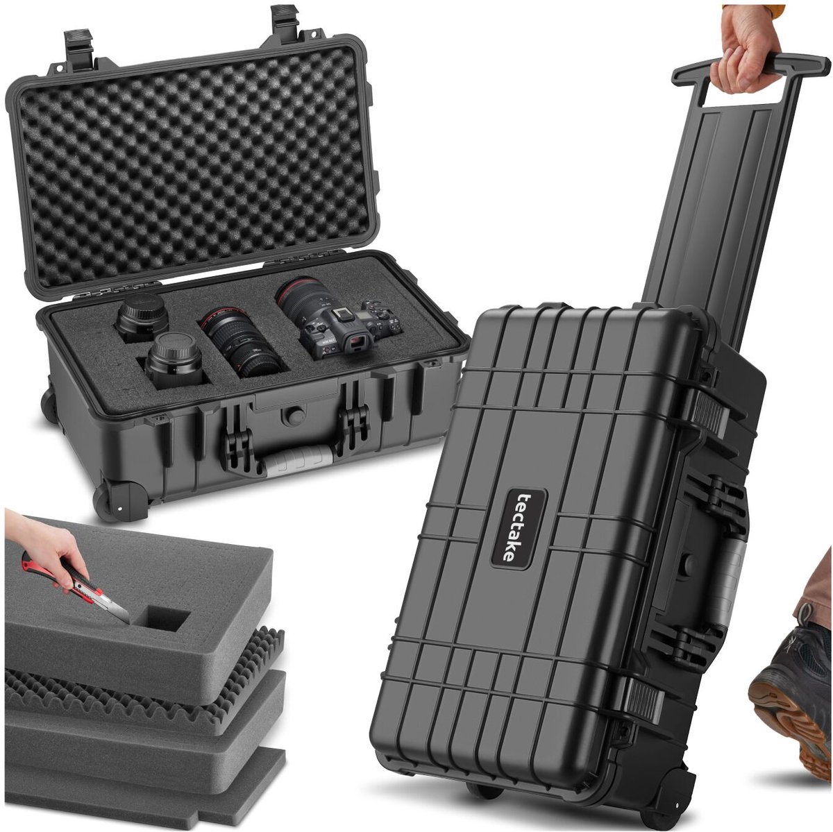 tectake® Camera Koffer - Verrijdbaar met Telescoopgreep - Fotokoffer - Camerakoffer - 2 kliksluitingen - Mogelijkheid voor afsluiten met hangslot - Afmetingen (LxBxH) 34,5 x 23 x 56 cm - Zwart