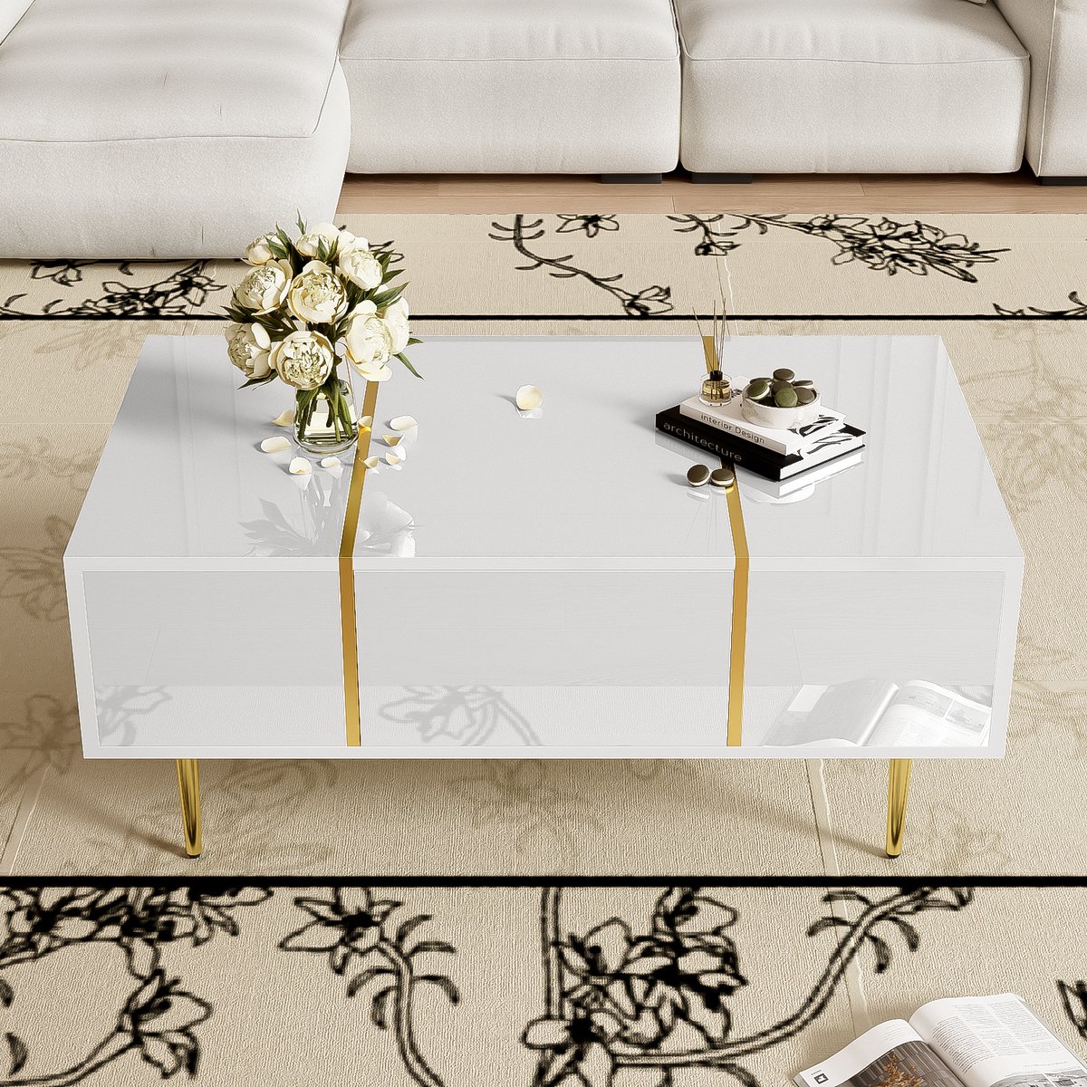 Wishdor Salontafel Hoogglans Wit met 2 Laden en Gouden Metalen Accenten — Modern MDF, 100×60×41,5 cm