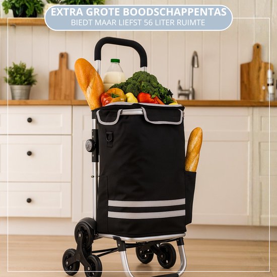 Chariot de courses Latium à 3 Roues - Chariot de courses pliable avec compartiment réfrigérant - Chariot avec sac de courses amovible - Chariot de courses pliable avec rampe d'escalier - Zwart