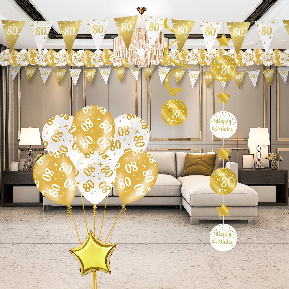 Q2P - 80 Jaar - Slingers - Ballonnen - Wit & Goud Set - Verjaardag Versiering - Helium Ballon — afbeelding 3