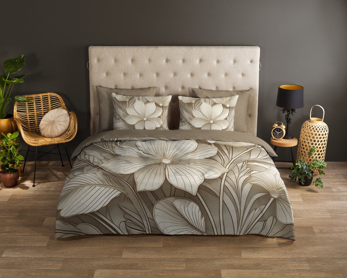 Good Morning dekbedovertrek bloemen - Lits jumeaux 240x200/220 cm - Zand - 100% Katoen renforce