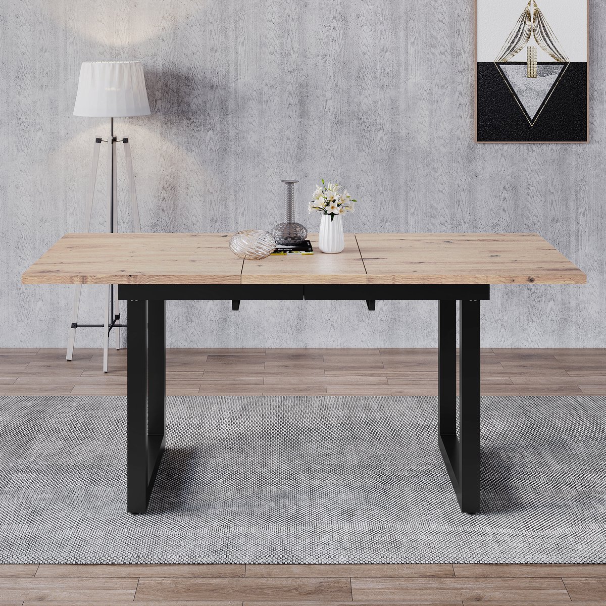MODFU Uitschuifbare eettafel industrieel 140–180×80×75 cm MDF eikenlook zwart metalen onderstel Natuurlijk+Zwart