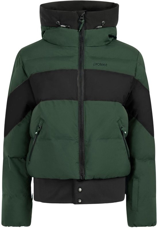 Groene pufferjas met twee horizontale zwarte banden over de borst en schouders.