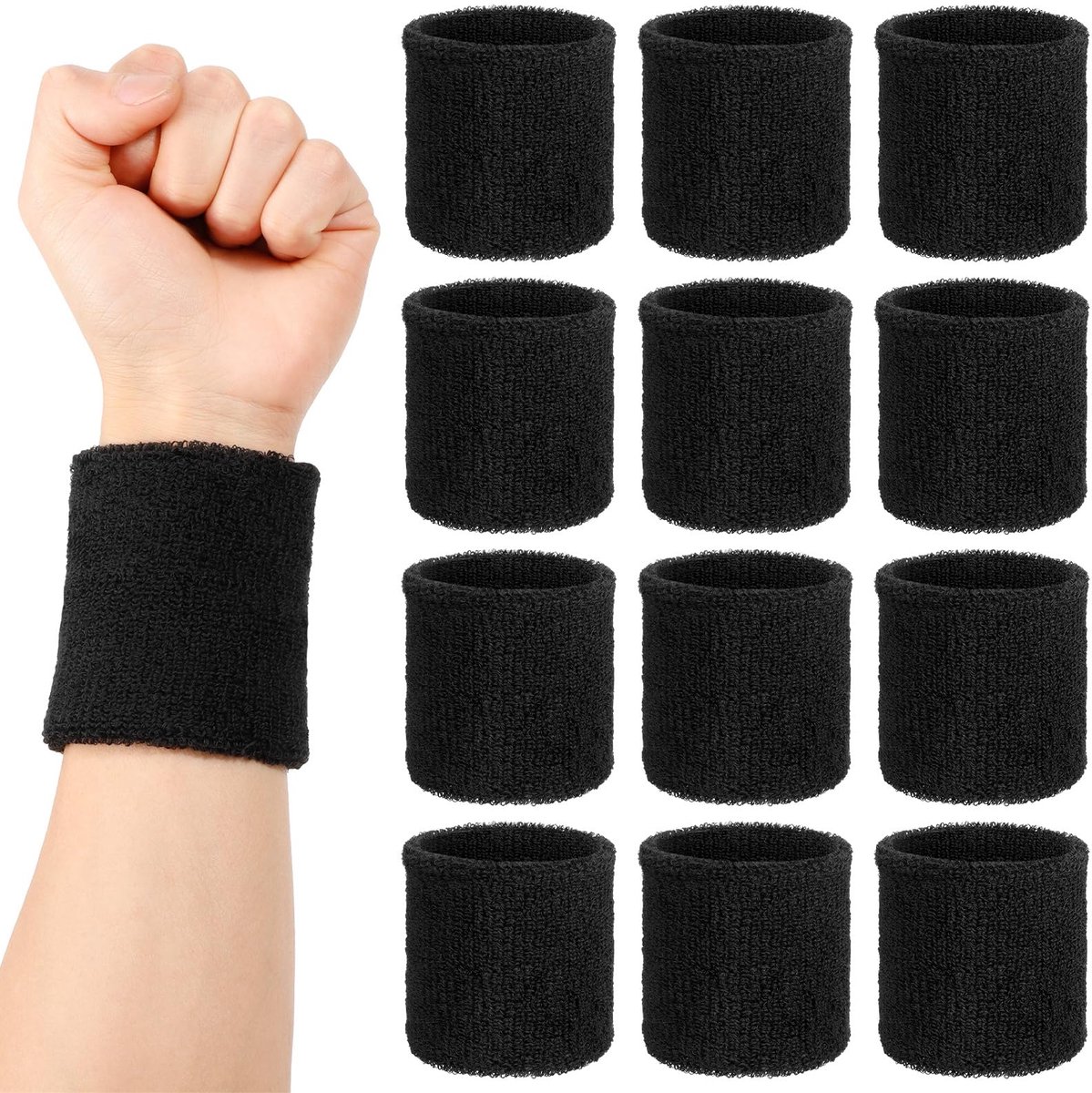 IMPERATORIS® Zweetbandjes Set - Polsband en Hoofdband - Sportbanden - Voor Tennis, Hardlopen en Fitness - Absorberend Katoen - 12 Stuks - Zwart