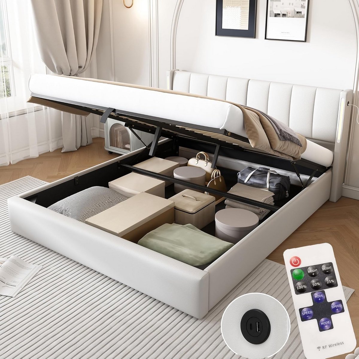 Tweepersoons Bed 140x200 met Opbergruimte, Verstelbaar Hoofdeinde en LED Verlichting - Gestoffeerd Wit