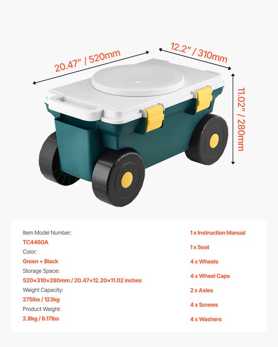 Tuinscooter met zitje, 2-in-1 rolwagen met opbergvak, draagvermogen tot 103 kg, buitenwagen met handvat, lichtgewicht tuinkrukje voor tuinklusjes zoals onkruid wieden en planten — afbeelding 2