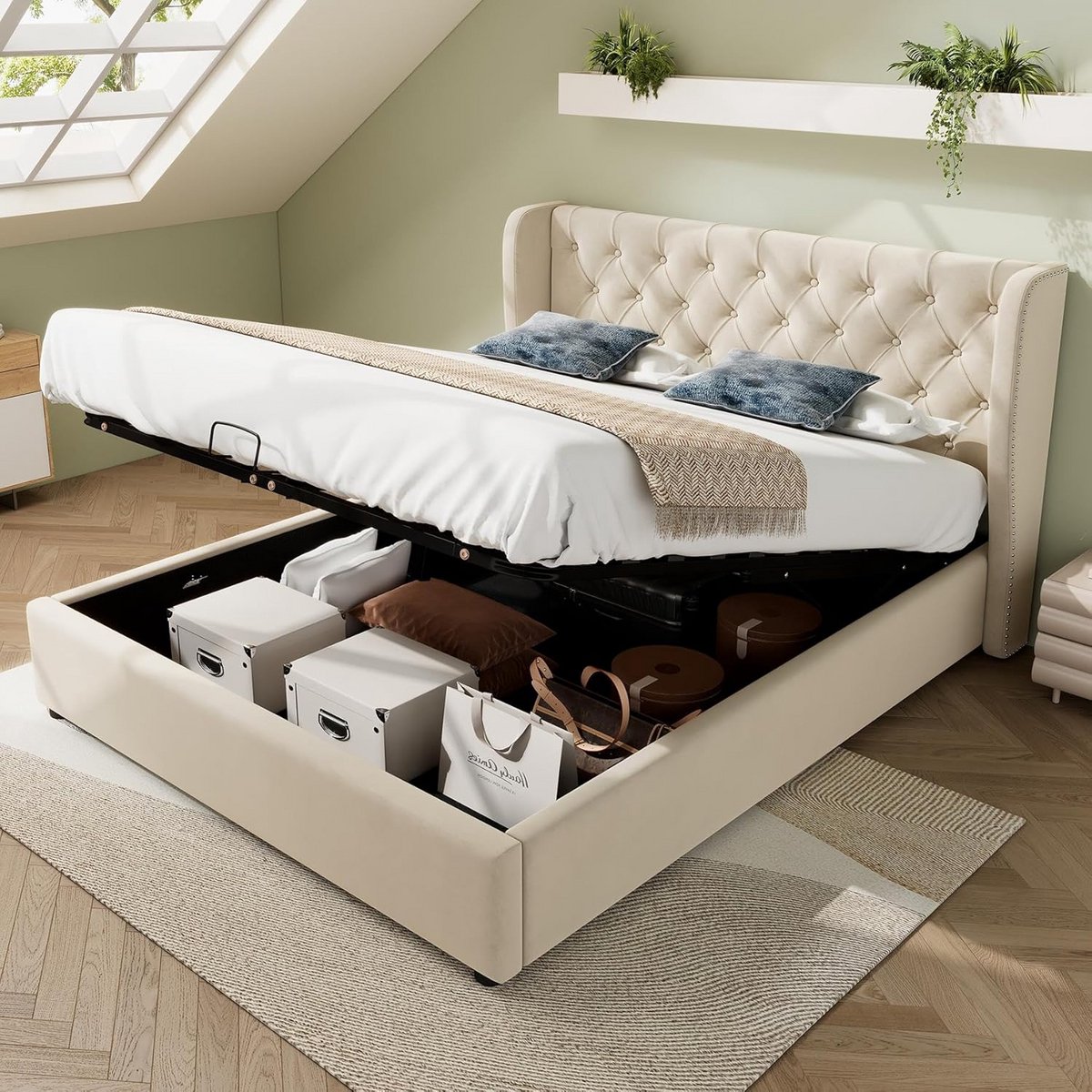 Gestoffeerd tweepersoonsbed 140x200 met opbergruimte en lattenbodem, beige fluweel