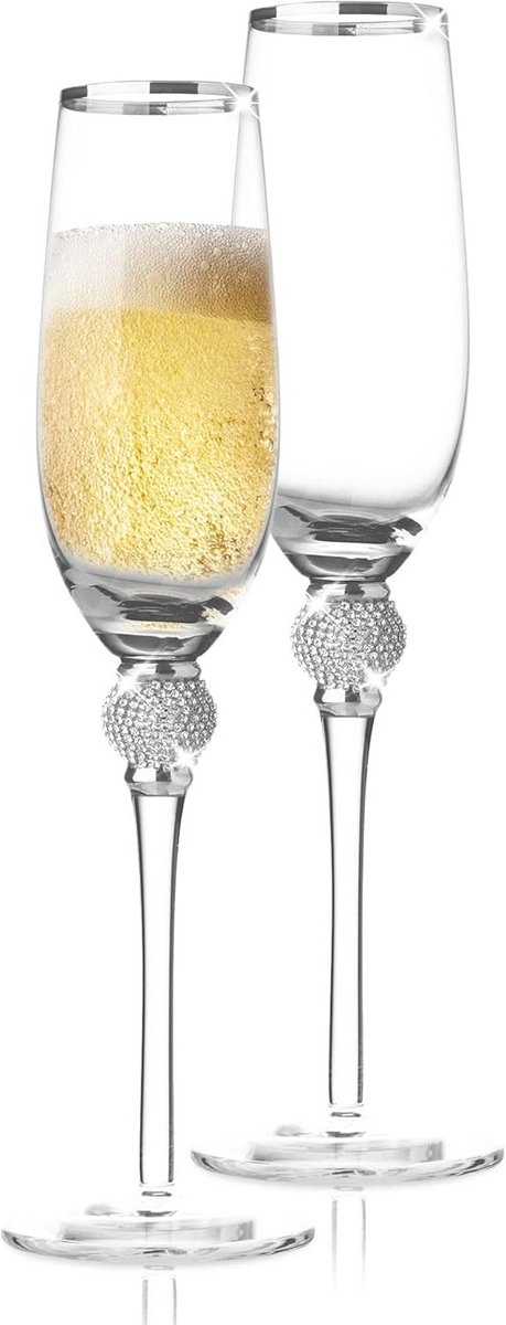 Set van 2 Luxe Champagneglazen met Rode Kristaldecoratie en Zilveren Rand