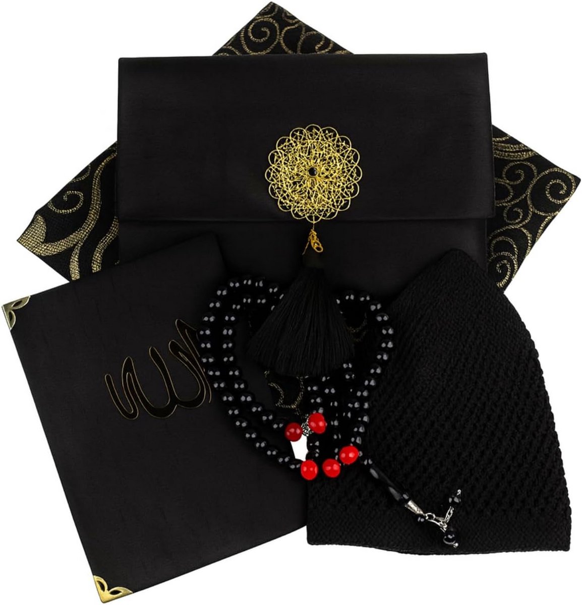 Compleet Islamitisch Gebedsgeschenk voor Mannen: Gebedstapijt Fluweel, Tasbih, Yaseen Boek en Kufi