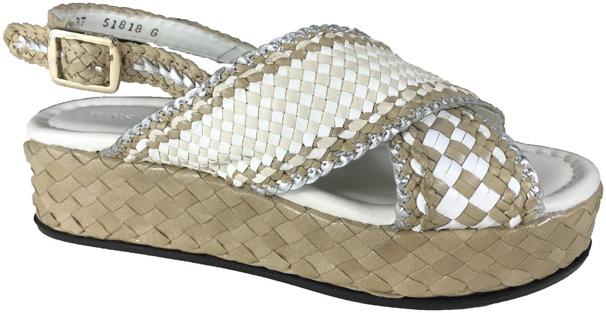 Pons Quintana 10732 wit-taupe luxe sandalen met gevlochten leder | Bonne Shoe