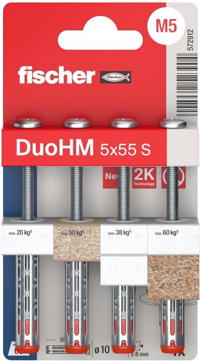 Holle pluggen 5 x 55 mm met metrische panhead schroef voor het bevestigen van TV-beugels, verlichting en wandplanken - 4 stuks
