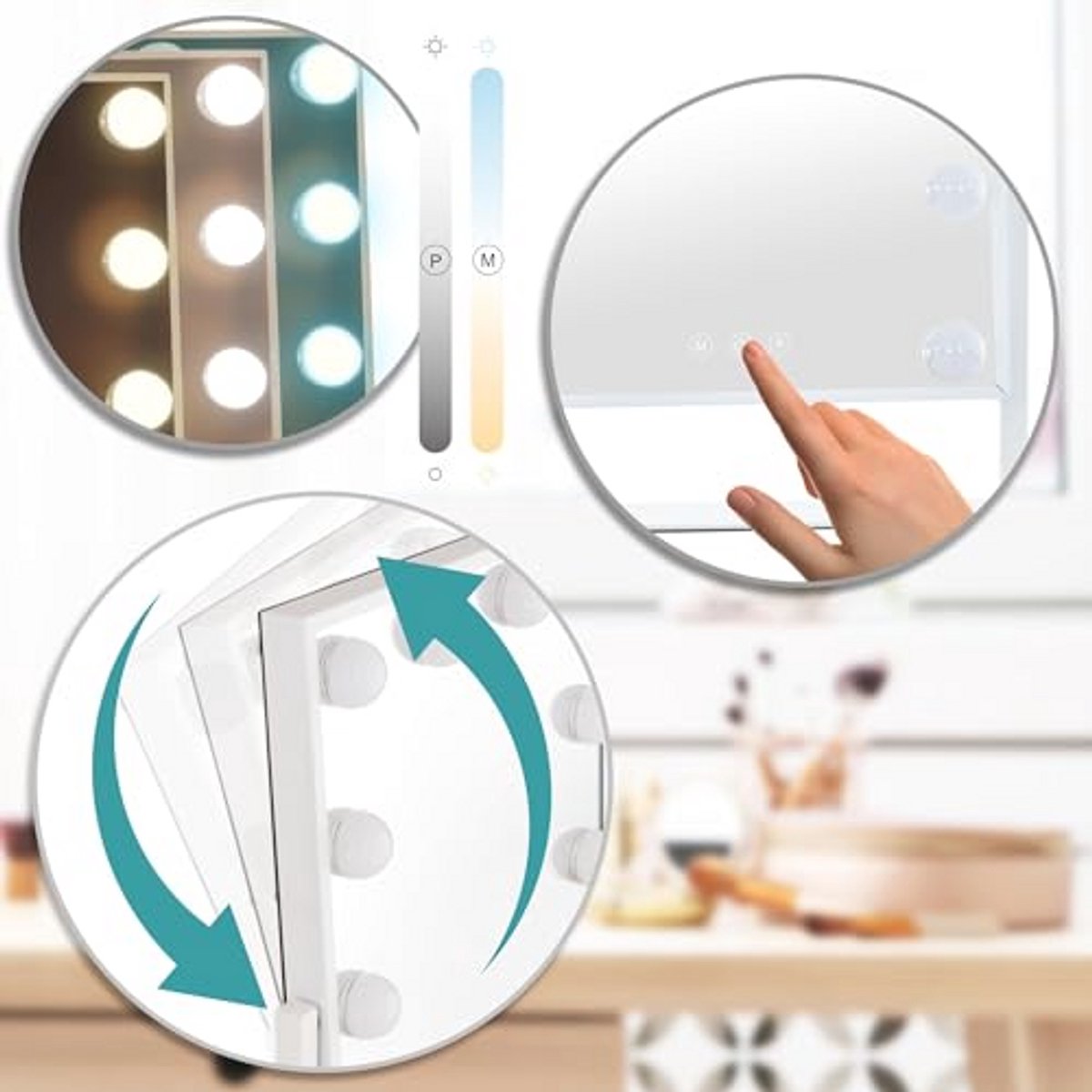 Make-upspiegel met Dimbare LEDverlichting en 3 Lichtmodi voor Badkamer en Kleedkamer