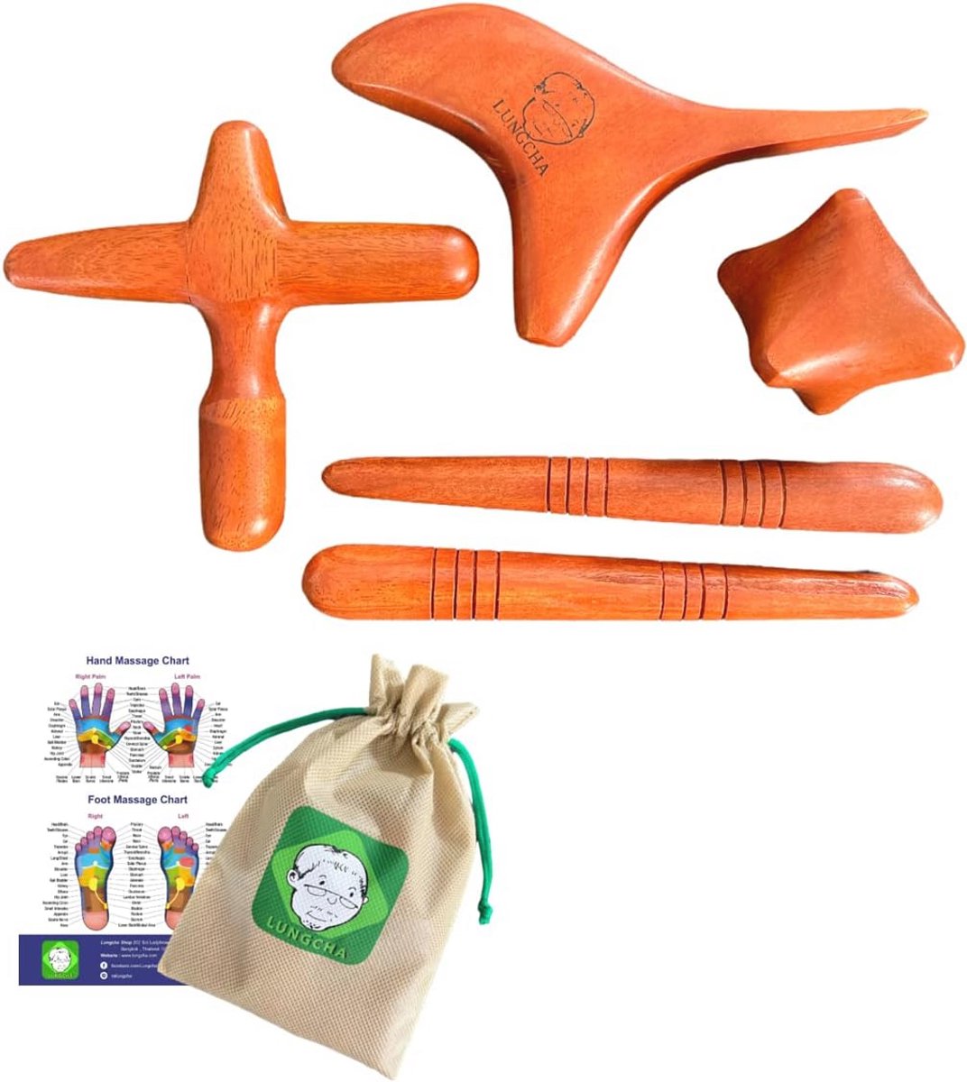 Traditionele Thaise massage houten stokgereedschap voor reflexologie en acupunctuur - Set voor lichaam, voet, hand, hoofd, gezicht, neus, nek, rug en taille