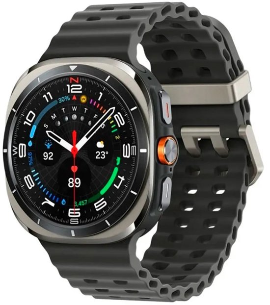 Zilverkleurig smartwatch met grijs, geperforeerd sportbandje en een digitaal display met weersinformatie.