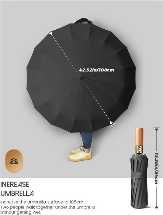 PERLETTI GREEN Stok Paraplu voor Dames met Automatische Opening - Natuurlijk Houten Handvat - Milieuvriendelijke Sterke Windbestendige Lange Ecologische Paraplu Vrouwen (XL Blauw