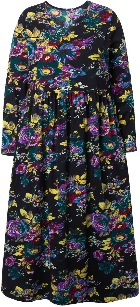Ulla Popken Dames - Maxi-jurk bloemen A-lijn tuniekhals lange mouw - Zwart - Maat 66+