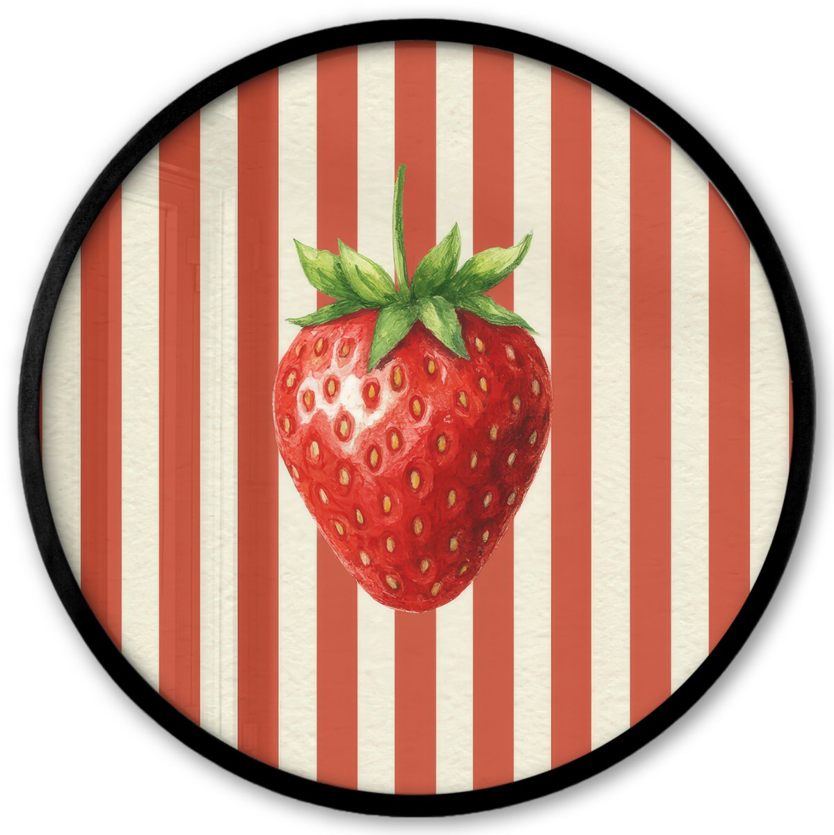 FrameYourWall Poster in lijst Rond - Fotolijst 40x40 cm - Posters - Aardbei - Strepen - Rood - Ronde posterlijst zwart - Decoratie - Wanddecoratie woonkamer - Muurdecoratie slaapkamer Multicolor
