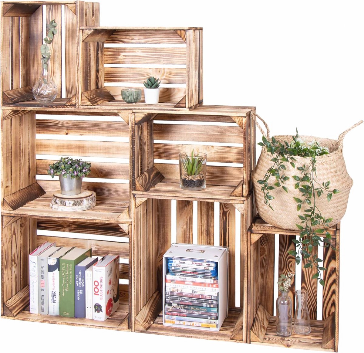 Set van 7 houten vintage kratten - Decoratieve opbergdozen voor wijn, groente en fruit
