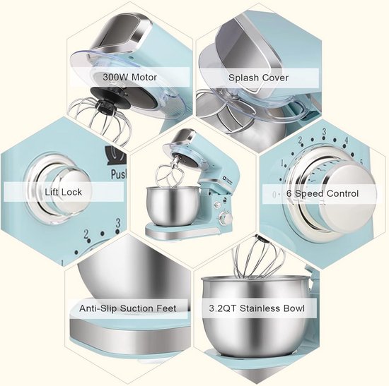 Kleine Elektrische Stand Mixer 3.2Qt - 6 Snelheden met Klopper, Deeghaak en Plat Klopper van Merkloos — afbeelding 5
