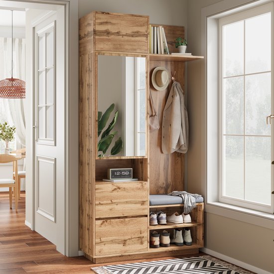 Halmeubel Sweiko - Porte-manteau avec miroir - Meuble à chaussures - 3 crochets - Finition bois naturel