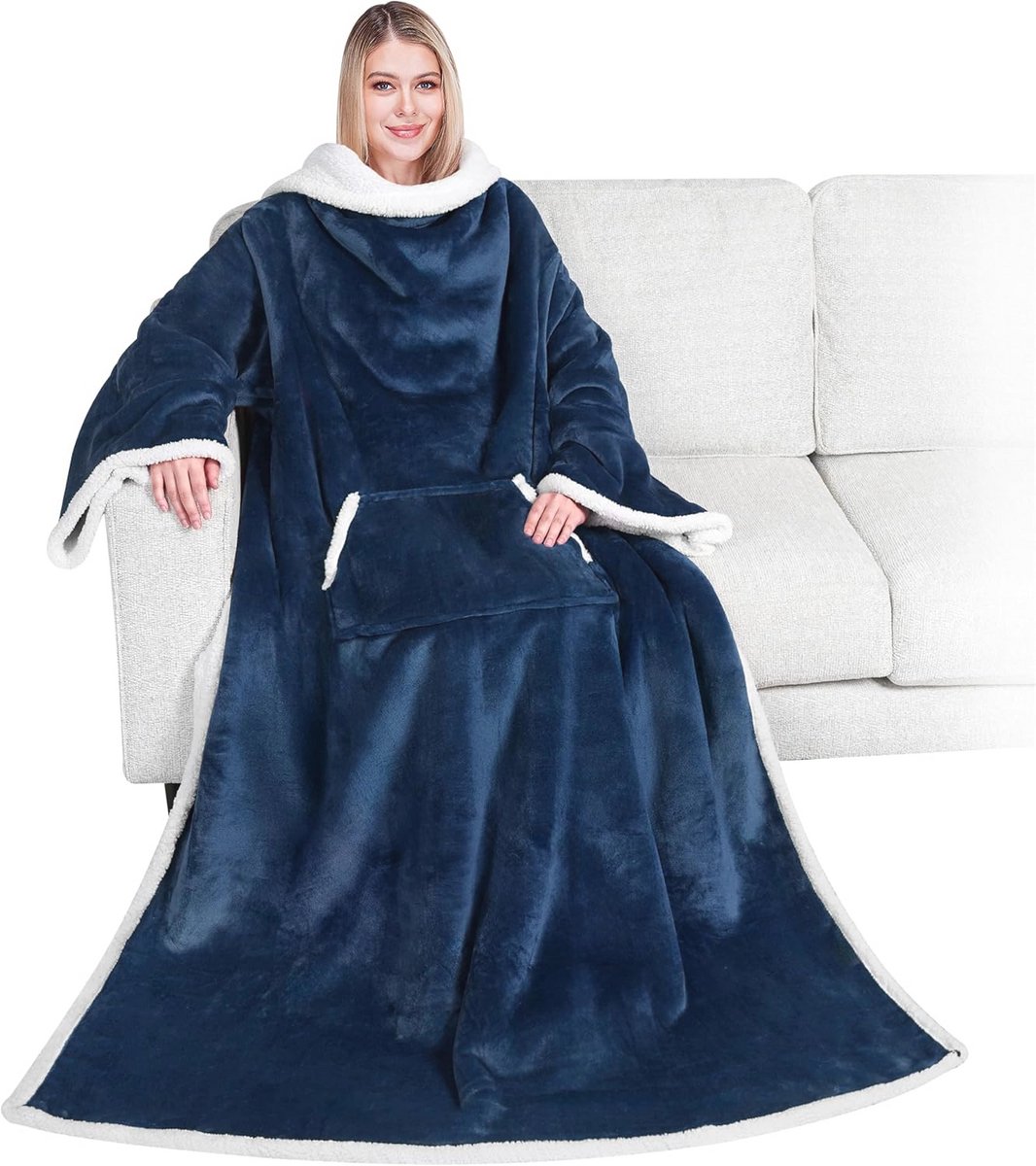 Deken met Mouwen voor Volwassenen - Super Zacht en Warm - Draagbare Sherpa Fleece in Marineblauw
