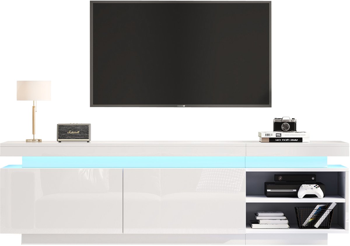 MODFU TV-meubel 170x35x50 cm van spaanplaat, wit, met geïntegreerde LED-verlichting en kabeldoorvoer