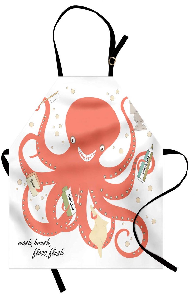 ABAKUHAUS maritieme kookschort, octopushouder-sapshampoo, tandenborstel en tandpasta met tentakels, kleurvast, in hoogte verstelbaar, wasbaar, duidelijke digitale druk, coral beige en groen