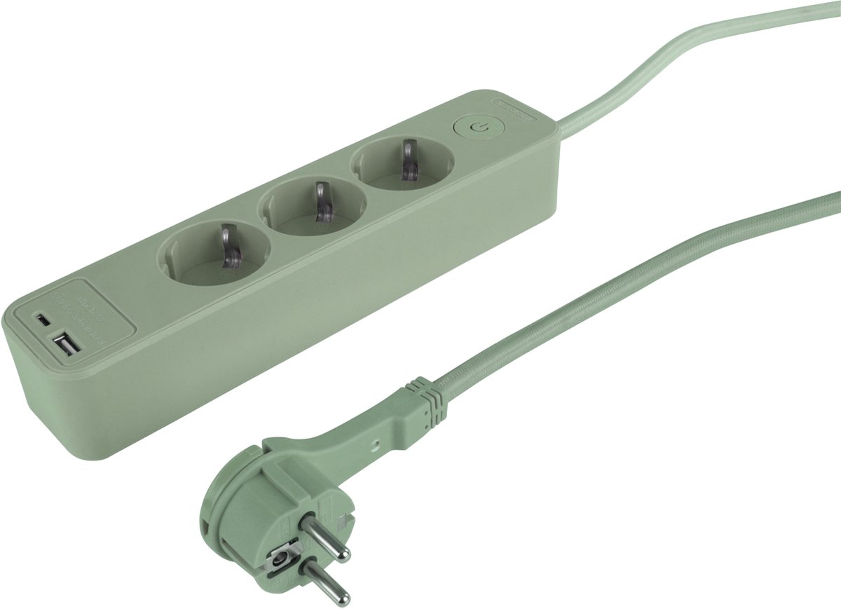Q-Link stekkerdoos - 3-voudig - randaarde - plat - USB A/C - 1.5 m - 3 x 1.5 mmÂ² - textiel - groen