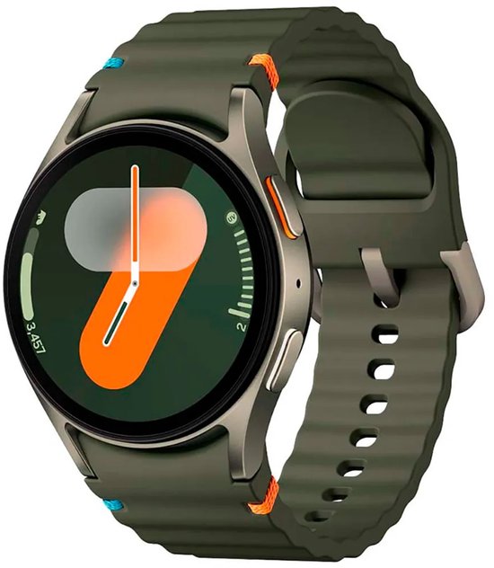 Groene smartwatch met oranje en blauwe accenten. De wijzerplaat is donkergroen met een oranje en witte wijzer.