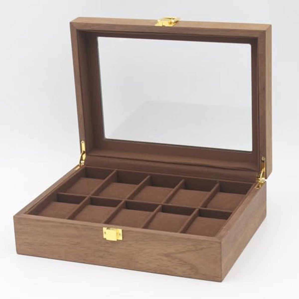 Houten showcase voor 10 horloges met microvezel binnencoating