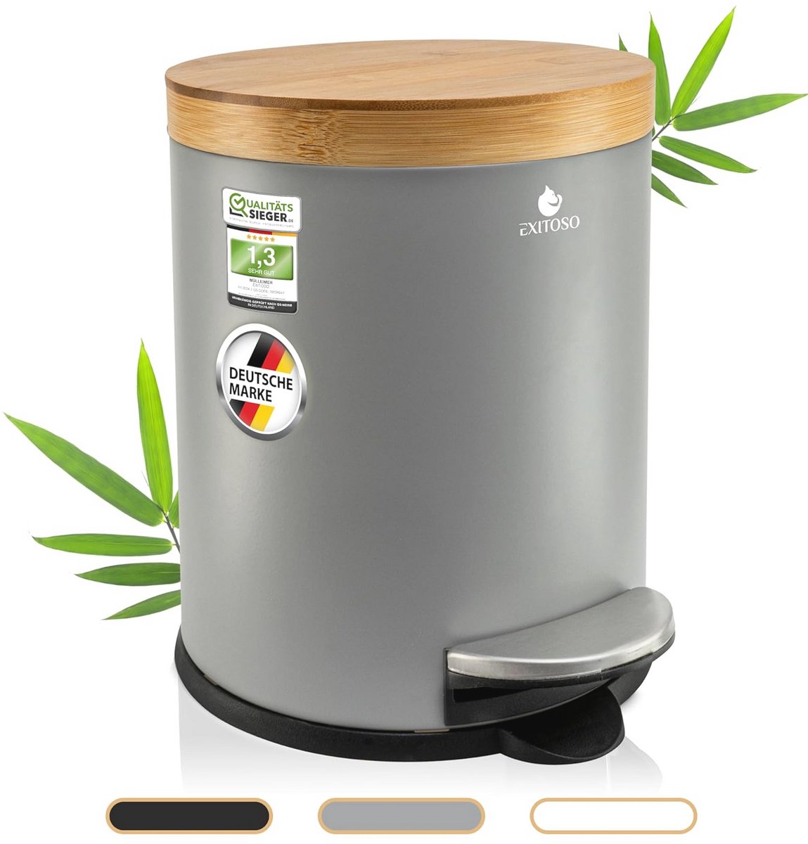 Afvalemmer voor Badkamer - Cosmetica-emmer met Bamboe Deksel en Softclose - Roestvrij Stalen Pedaalemmer met Antislip Pad