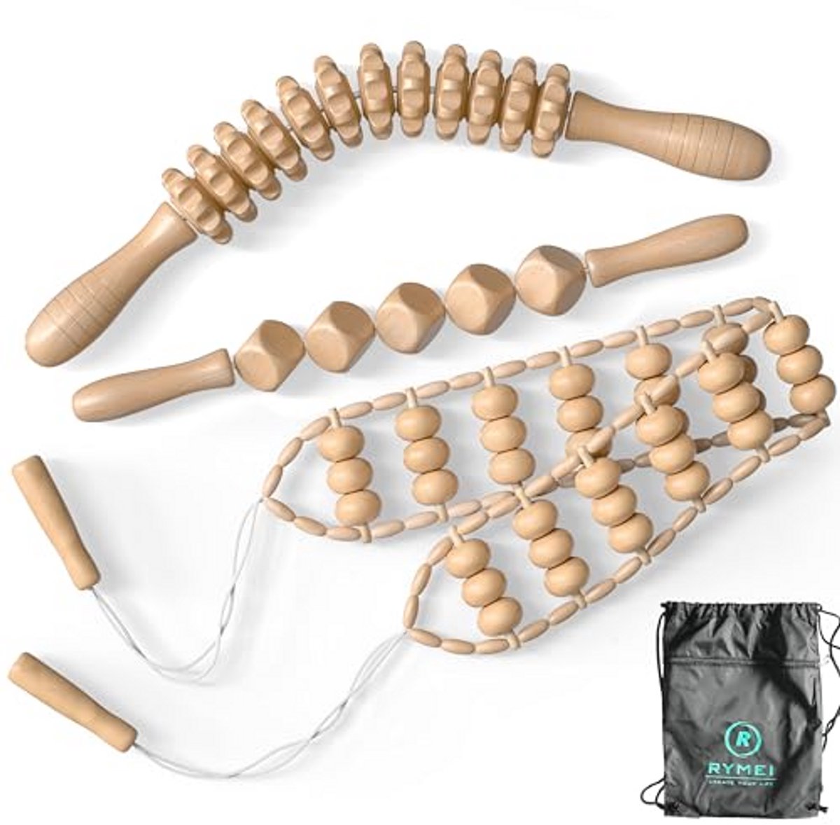 Massageroller Set van Hout - 3-delige Anti-Cellulitis en Fascia Massageapparaat voor Rug, Benen en Nek