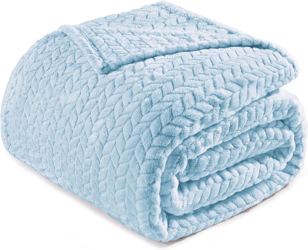 Dubbele maat flanellen fleece deken 230x168 cm - Zachte jacquard geweven bladeren patroon - Warm en decoratief - Babyblauw