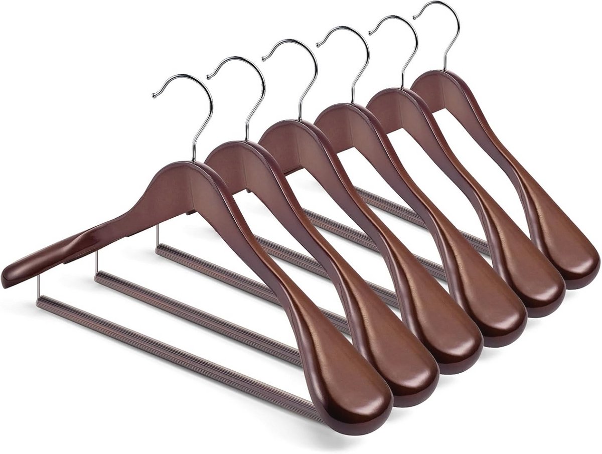 Houten Schouders Hangers voor Kostuums en Hemden - Set van 6 - Met Antislip Broekhanger