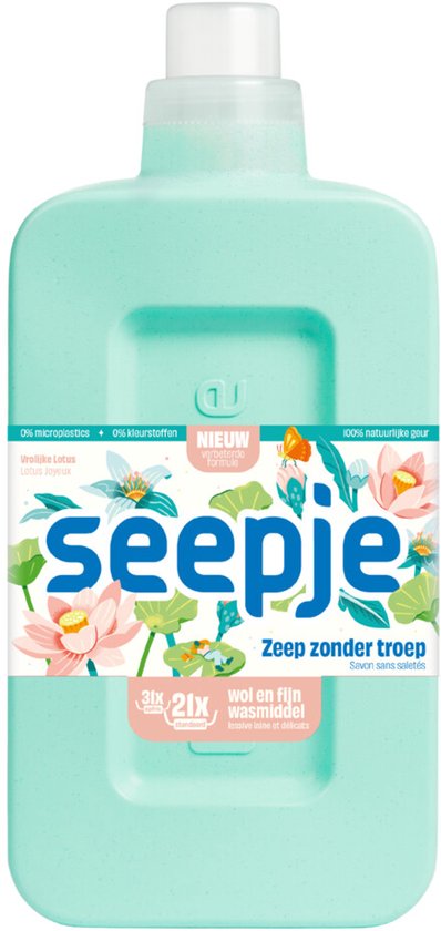 Lichtgroene fles Seepje Zeep zonder troep wasmiddel, met 'Vrolijke Lotus' en 100% natuurlijke geur. Bevat 0% microplastics en kleurstoffen.