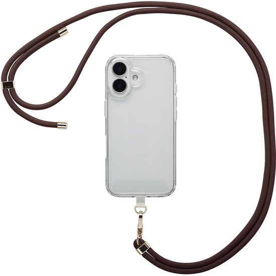 Coque de téléphone transparente avec cordon brun et détails dorés, sur fond blanc.