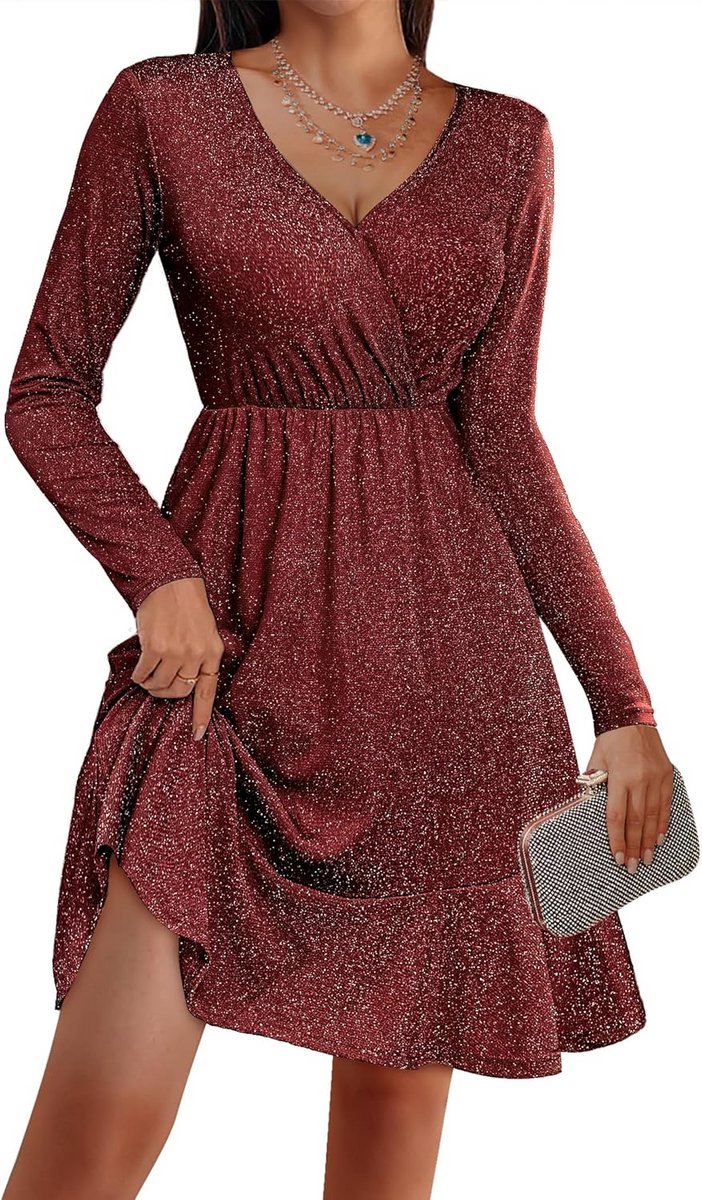 Elegante Glitter Jurk Dames met Lange Mouwen en V-hals - Feestelijke Pailletten Cocktailjurk