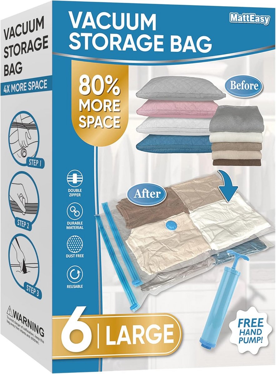 Set van 6 Ruimtebesparende Vacuümzakken voor Kleding en Dekbedden