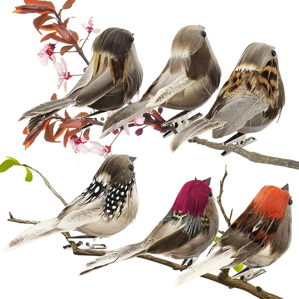 Allecta - Kunstvogels met veren en clip, 6 stuks, Decoratieve bruine vogels
