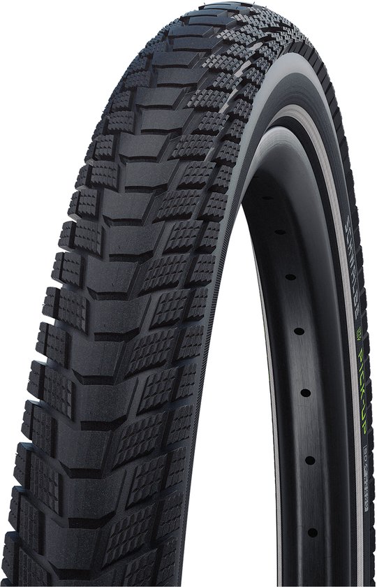 Zwarte Schwalbe Pick-Up fietsband met groen logo en reflecterende zijstreep. Het profiel is grof.