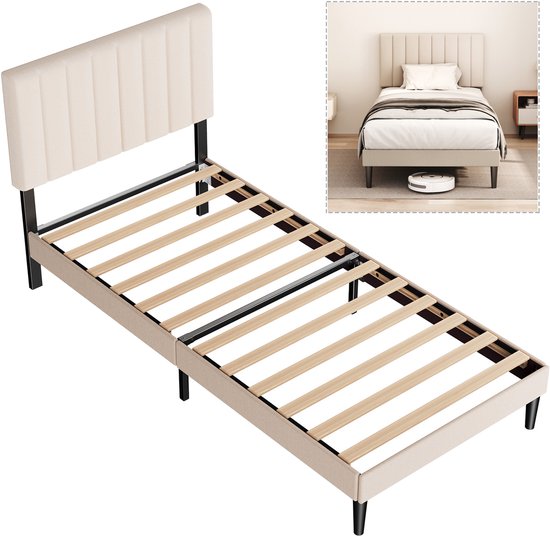 Cadre de lit métallique robuste Cecipa - Lit rembourré - 90x200 cm - Tête de lit réglable - Espace de rangement sous le lit - Robuste - Silencieux - Antidérapant - Montage facile - Gris Beige (sans matelas)