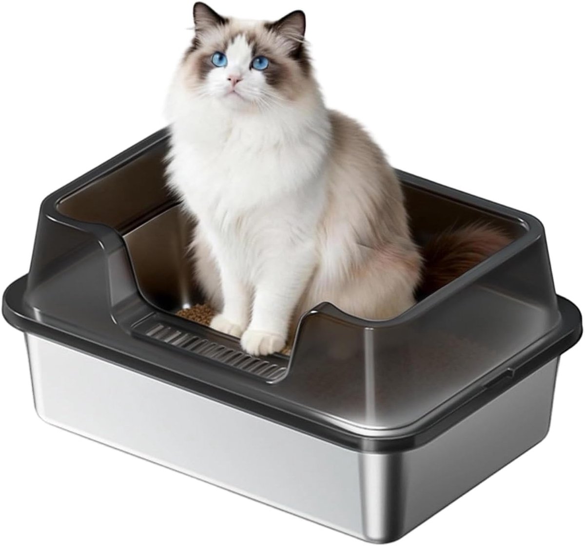 RVS Kattenbak - Kattentoilet Roestvrijstaal - Open Kattenbak - Incl. Kattenbakschep met Houder en Gritopvang Opstapje - 50x35x27cm - Zwart