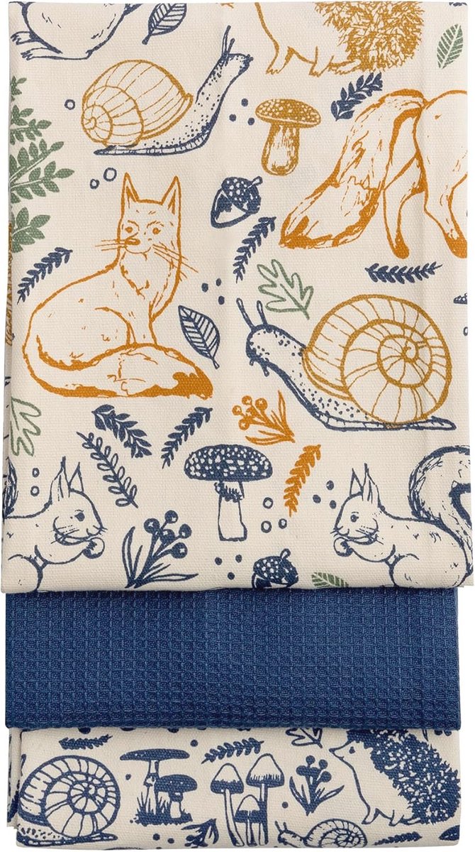 Set van 3 theedoeken met bosillustraties