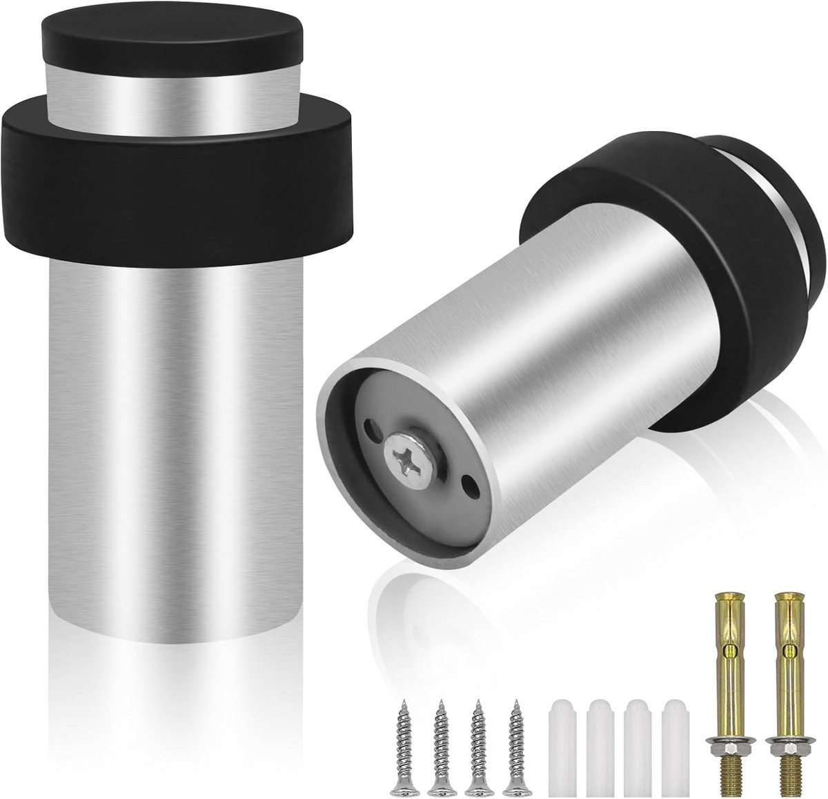 Deurstop 105 mm - 2 stuks roestvrijstalen deurstoppers met rubberen bumper voor wandmontage