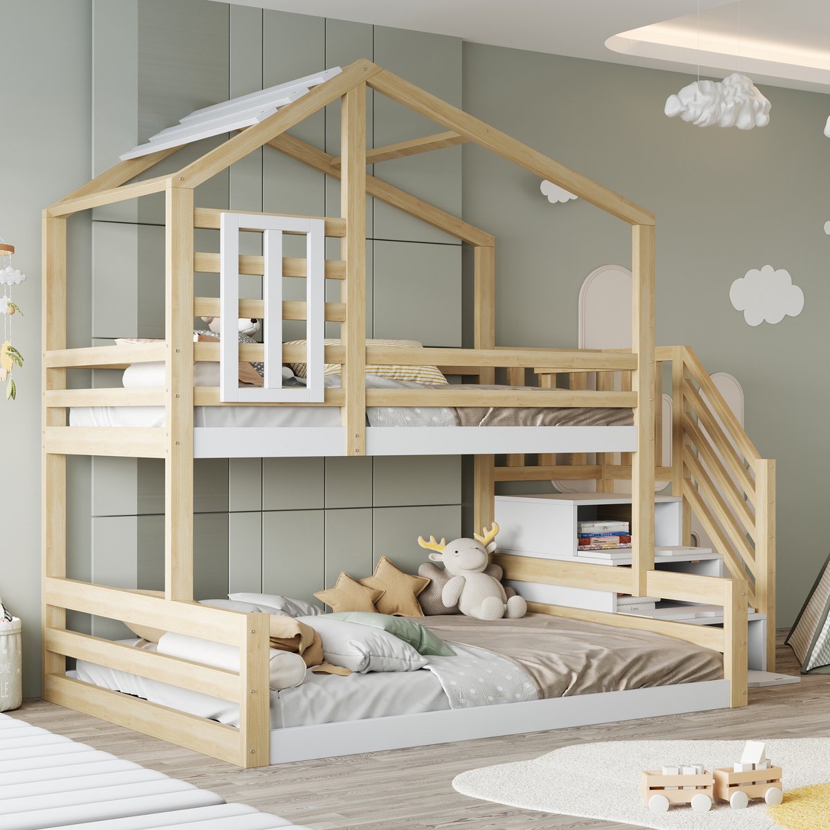 Wishdor Stapelbed 90x200/140x200 cm - Huisvorm met Raam & Opbergtrap - Speels & Veilig - Grenenhout & MDF - Naturel Natuurlijk