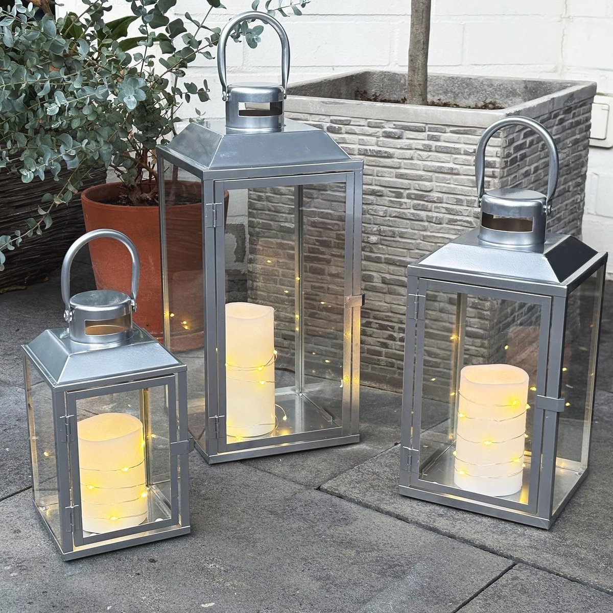 Set van 3 metalen tuinlantaarns - windlichten voor buiten decoratie