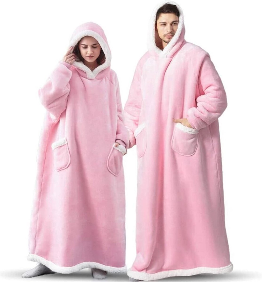 Extra lange hoodie deken - super warme en gezellige trui met mouwen en zakken voor mannen en vrouwen - XXL/3XL - roze