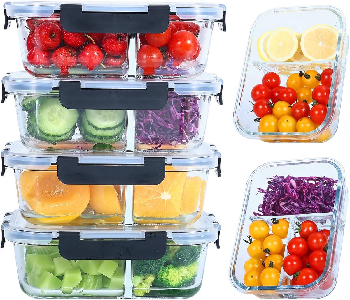 Glazen Maalprep Dozen met Deksel - 4 Stuks, Luchtdicht en Ovenbestendig (1040 ml)