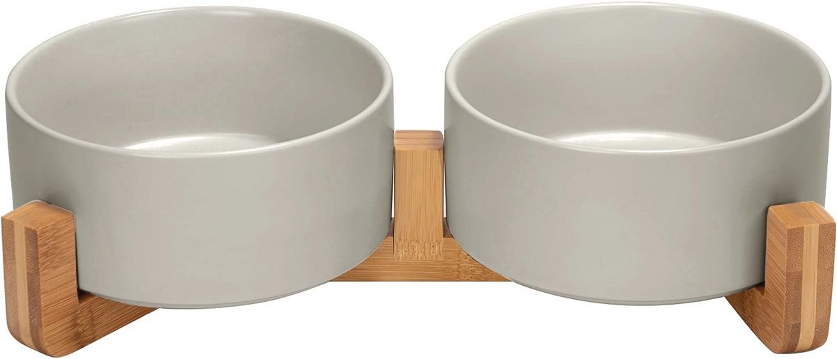 Dubbele keramische hondenbak met bamboe standaard voor katten en honden - 850ml